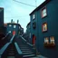 Placeholder: Fotografia di strada assurda e falsa orripilante blu weirdcore dai colori vivaci, liminalcore. Escher. Scale che scendono. Yves Tanguy. Non luogo falso, inusuale. Le case sono false e dipinte di nero chiaro con cose stilizzate e dettagli. Ci sono finestrelle false quadrate, che danno un senso distopico e molto surreale, disposte in modo casuale. L'atmosfera generale sembra noiosa e onirica, con un contrasto tra elementi reali ed elementi dipinti falsi, René Magritte, oddest things