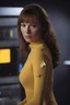 Placeholder: 20-year-old Mina Shatner as Captain Jamesa T. Kirk, wearing a yellow, thigh length, long-sleeved, slit mini-dress with a plunging neckline and an upside-down, V-shaped Starfleet communication badge on the left chest, Physician's rank on the collar and sleeve cuffs