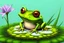 Placeholder: small cute cartoon frog sitting on a lily pad alone, with a happy smile looking content, the frog is in the lower center of the image, using black and white line art