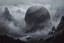 Placeholder: a big rocky sphere breaks open, positioned at the tip top of a mountain's peak, shrouded in mist. cinematic lighting, artstation, grim mood