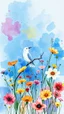 Placeholder: a smear . Field of wild a colorful flowers watercolor drawing on a blue splash colors background with a beautiful white bird on a tree branch