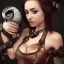 Placeholder: hyper realistic, young cute girl with weapons, short black hair, holding a owl. black tatoo on arm. dressed a steampunk pirate, bra with carved leather. Salvador dalì style. Ships in back with high details. 4k, unreal engine.