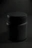 Placeholder: Black protein powder container, screw lid, lid is off, lid lays on the side of the container, round container, black studio, black background, dark setting, no labels on the container, very detailed, realism, high quality