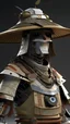 Placeholder: high-tech robot samurai wearing rags wearing strawhat photorealistic