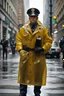 Placeholder: vintage retro nypd full body color policeman wtih exosquelette heavy yellow rain transparent coat