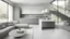 Placeholder: Cozinha grande moderna minimalista, moveis cinza, sofá, escadas para a sala,