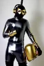 Placeholder: Metallic Cyber-punk style man with a web-camera-mask and old AKG-style headphones with golden. Large fencing mask covers man's cheeks. Man in good body shape. Reflective plastic body surface skin, full-coverage. Body and head full of integrated old-fashioned cameras and an old telephone. Silver to black latex surfaces body. Perfect body. Equations, Euclidean 3D-tiling, Escher tiling. Cables in head. Daft Punk 1996. Matrix black leather jacket with a Hood. Chains.