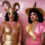 Placeholder: (Shot on 35mm film from a 1970s movie by Mil Mascaras) a wild goat with a attractive models in golden and pink goat outfit, with pink lipstick and tattoos : this is a satanic ritual under the shower,