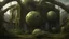 Placeholder: floating alien balls with tentacles, rampant foliage, vines, Spanish moss, next to a derelict alien building, photorealistic, surreal detail