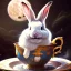 Placeholder: laughing bunny king , dreaming of the moon and flying candles, drinking warm tea surfing waves on a teacup,misty fantasy art, book cover