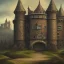 Placeholder: Portrait of a wide castle near a river, oil painting, symmetrical, architecture, medieval, fantasy, superrealistic, dark colors, HD, 4K