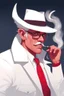 Placeholder: An old male crimson red tiefling wearing a white police comisioner outfit, he is also wearing glasses, he has a white scruffy mustache, and a neat black fedora.