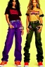 Placeholder: year 1996 denim fashion. Loose fit, "combat pants" with low waist, baggy, Combat pants and t-shirt. Colors: denim blue, blue, purple, khaki, light green, lilac, plum, orange, terracotta, red, pink, dark blue, beige. Women models. Patterns: cheetah, balls, stripes.Jennifer Lopez, Gwyneth Paltrow, . Big tennis shoes on. Cargo pants. leg warmer