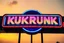 Placeholder: A 1980 disco sign labeled "KUKRUNK" bold multi colored 80s font, miami vice background drop, sunset