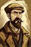 Placeholder: A very thin man wearing a brown galabiya with a heavy coat over it and a yellowish-white Arab hat. The man is short and has a medium-thick mustache and a beard with some shaved hair. Make the painting high-resolution drawing in the style of a funny comic or the same style of drawing the novel The Good Soldier Švek by the writer Jaroslav Hašek.