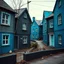 Placeholder: Fotografia di strada assurda e falsa orripilante blu weirdcore dai colori vivaci. Noe. Non luogo falso, inusuale. Max Ernst. Le case sono false e dipinte di nero chiaro con cose stilizzate e dettagli. Ci sono finestrelle false quadrate, che danno un senso distopico e molto surreale, disposte in modo casuale. L'atmosfera generale sembra noiosa e onirica, con un contrasto tra elementi reali ed elementi dipinti falsi, René Magritte
