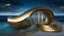 Placeholder: A stunning Nautilus shell house with a nautilus shell metal stair wide shot standing in the sea waves backdrop the deep blue Sea in golden hour, dark metallic, steampunk, hyperrealistic photo, Digital painting, Highly detailed, Sharp Focus, unusual spiral fractal architecture