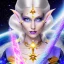 Placeholder: cosmic mage, elf, female, cosmic magic, long ears, white hair, face details, pale skin, jewellery, broad shoulders, sharp ears, star clothes, cosmic eyes, ears shown, the cosmos in eyes, shining eyes, thin face, detailed ears, magical eyes, closed mouth, make up, smiling face, happy face, pointy ears