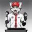 Placeholder: a drawing of a manga cat man with a sports cap and shirt, speaking at a (((lectern))) with a microphone, red, white and black colors, cat white and black colors, microphone in one hand, cat asking