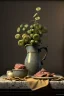 Placeholder: renaissance style still life composite, dish of Raviolis with cow meat, vine cup, olive oil. moisture, art, natural, ornaments, ceramic, marble, high kitchen, smooth, god rays, unreal engine 5, ray tracing, RTX, lumen lighting, ultra detail, volumetric lighting, 3d.