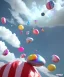 Placeholder: Ultra realistic speed clouds sky scene, wide angle view, sweet women falling down, inflatable color clothing, free jumping flying, many trinkets, hair monster, many jelly beans, balls, color smoke, smile, happy, circus style, extreme, wind, clouds sea, 20,000 feet altitude, stratosphere, soft color, highly detailed, unreal engine 5, ray tracing, RTX, lumen lighting, ultra detail, volumetric lighting, 3d, finely drawn, high definition, high resolution.