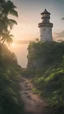 Placeholder: Photoreal magnificent gargantuan medieval light house on an exotic caribbean jungle coast with a frothy sea at sunset by lee jeffries, in the style of fantasy movies, photorealistic, shot on Hasselblad h6d-400c, zeiss prime lens, bokeh like f/0.8, tilt-shift lens 8k, high detail, smooth render, unreal engine 5, cinema 4d, HDR, dust effect, vivid colors