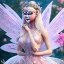 Placeholder: cute fantasy fairy with transparent wings, smiling, blue eyes, make up, long platinum blond hair with crown and flowers, pink dress, unreal engine