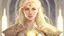 Placeholder: Generate a dungeons and dragons character portrait of the face of a female cleric of peace aasimar blessed by the goddess Selune. She has blonde hair and is surrounded by holy light