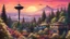 Placeholder: colorful vibrant fantasy image overgrown Seattle wasteland, retrofuture, atompunk, fifties, landscape, apocalypse, pine trees, space needle