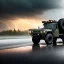 Placeholder: stylized photorealistic shot, military truck, monotone color palette, sharp focus, puddle reflec1tion, tire mud splashes, refraction, mist on the horizon, thunder and lightning, overcast shadow, detailed and intricate, cinematic composition, 8k, micro, tilt shift photography, bokeh, anamorphic lens