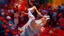 Placeholder: Image is a vibrant, impressionistic painting depicting a lively scene. In the foreground, a dancer with fair skin and dark hair adorned with bright red flowers is captured mid-movement, wearing a flowing white dress with a long, colorful train. Her pose is dynamic, suggesting motion and grace. The background features a dimly lit outdoor setting with a group of people, some seated and others standing, under a canopy of lights. The scene is bathed in a mix of warm and cool tones, with a contrast b
