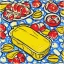 Placeholder: white bread, butter in butter dish, seamless pattern, oil on canvas, pop art