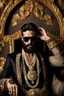 Placeholder: Artistic photo in the audacius style of Jill Greenberg, of man with a luxurious and striking style, abundance of jewelry, oversized sunglasses, neat black beard, feminine manirism, prints, desafiant, extravagant, barroque escene , impasto style with thick texture