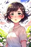 Placeholder: Cute anime girl, brown eyes, short black hair, spring totally white dress with flowers. Windy day