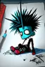 Placeholder: 2d drawing of a stickman, cool with punk hair, x eyes like in hangman, laying down flat on somach, 3d realistic in colour