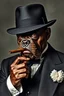 Placeholder: Portrait of a dark bulldog dark skin male, he is wearing a black and white classic hat and a black suit with white papillon and holding a cigar like Chicago gangster of the 1900