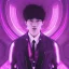 Placeholder: cute asian male, boy, man in futuristic suits, black and white highlight hair color, pink and purple background, pink lighting, deep purple backlighting