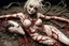 Placeholder: Tank girl, lying pose, his skin turned translucent revealing a network of black veins that extended like roots beneath her epidermis,smiling meanwhile many worms streaming from his mouth, latex suit, highly detailed, fullbody, splashes blood, behind guts rising from the ground, macro photography by <Junji Ito>, darkred tones,