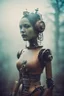 Placeholder: steampunk, vintage analog polaroid of a woman robot, female body, fog, lomography, heavy film grain, rain, color bleed, depth of field, bokeh, retro