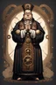 Placeholder: толстый священник с сложенными в молитве ладонями, стоит в полный рост в пол оборота, стиль стимпанк