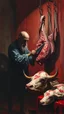 Placeholder: Bosch style painting , A shadow of a spirit inside a bloody butcher store , the butcher is cutting a big cow meat hanging with hooks with details on red bloody background of a meat store , blood is everywhere on the wall and his clothes, a head of the cow is on the table