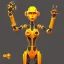 Placeholder: yellow orange robot with caution stripe details, two clamp vice arm tools as hands