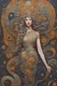 Placeholder: high quality, highly detailed, In this imagined masterpiece, a mythical creature, inspired by Klimt's opulent patterns and Varo's fantastical narratives, stands beside a captivating woman, reminiscent of the elegant figures in Klimt's iconic works, The creature takes form with intricate patterns influenced by Klimt, its body adorned with swirling silvery details that echo the artist's decorative brilliance, Varo's whimsical touch introduces surreal elements, allowing the creature to embody a dre