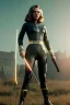 Placeholder: retro portrait image from 1960, Moscow background, wind, long hair, fighting stance, sweet young Scarlett Johansson, classic black tight lycra suit, metal stick weapon, gold bracelet and belt, high heel boots, soft color, highly detailed, unreal engine 5, ray tracing, RTX, lumen lighting, ultra detail, volumetric lighting, 3d, finely drawn, high definition, high resolution.