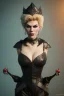 Placeholder: Hannah Waddingham as evil queen in black leather, busty, cleavage, volouptous, rebecca Welton, angry, stern look. character design by cory loftis, fenghua zhong, ryohei hase, ismail inceoglu and ruan jia. unreal engine 5, artistic lighting, highly detailed, photorealistic, fantasy