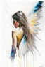 Placeholder: A detailed illustration of a beautiful young female human with growing out of her back. Her skin, hair and face are all made of paint. Her wings are spread. Front view. Highly detailed flawless facial features and eyes. Abstract Oil painting splash art. White background, wide angle, abstract design, beautiful, thick flowing paint strokes, dripping paint, fantasy art, modern art, ((soft happy complimentary colors,)) modern aesthetic, focused on the character, 4K resolution.