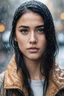 Placeholder: photorealistic close-up portrait of a beautiful girl standing in the rain on a street with a blurred background during a winter day. The rain should be wetting her black hair, and some raindrops should be sliding down her face, She has blue eyes. use a Nikon D850 DSLR 4k camera with a 200mm lens and an aperture of F 1.2. The scene should be made dramatic with the light from a streetlamp enveloping her. Capture the mood and emotions of the moment in this wintery and rainy setting