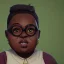 Placeholder: Portrait of a little fat 9 year old African witch with bushy hair and glasses and green eyes by Nick Harris