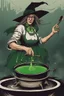 Placeholder: Witch gripping the handle of a spoon with both hands to stir a huge cauldron with green bubbling liquid