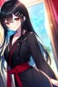 Placeholder: girl, masterpiece, best quality, cinematic lighting, detailed outfit, vibrant colors, perfect eyes, long hair, black hair, red eyes, hairclip, black kimono, indoors, smile, sparkle, depth of field,